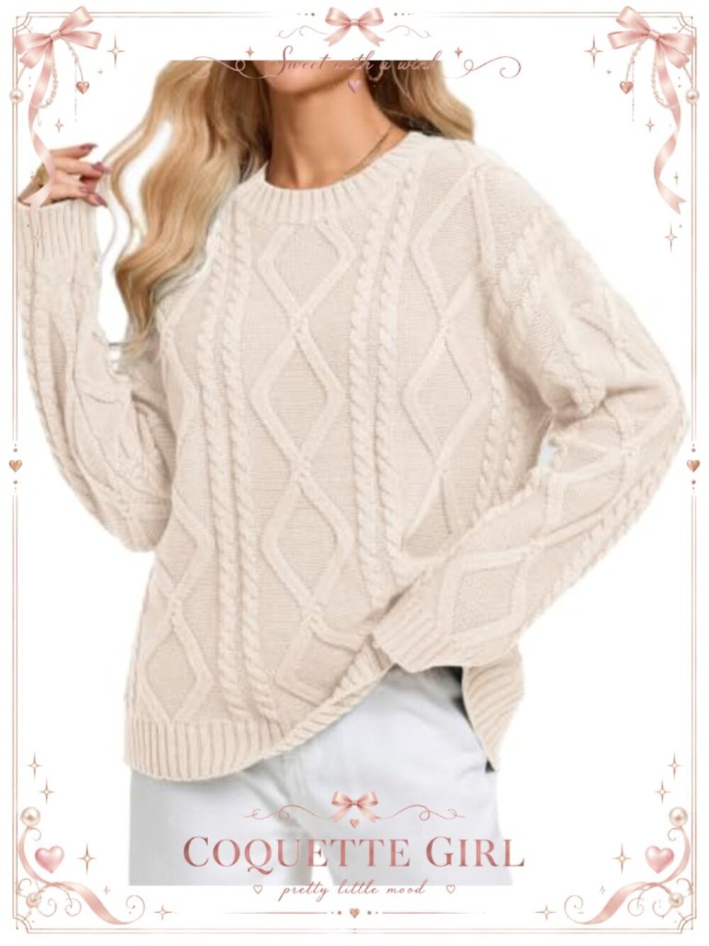 Cable Knit Sweater Women Pullover Chunky Crewneck Loose Fit Casual Fall